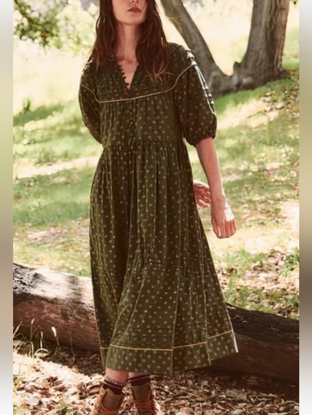 The Great. Green and Gold Print Floral Puff Sleeve Midi Dress with Slip 0/XS